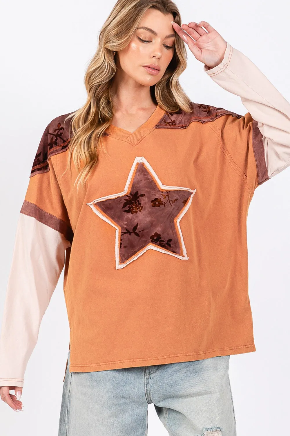 SAGE   FIG Star Patch Long Sleeve Color Block T-Shirt