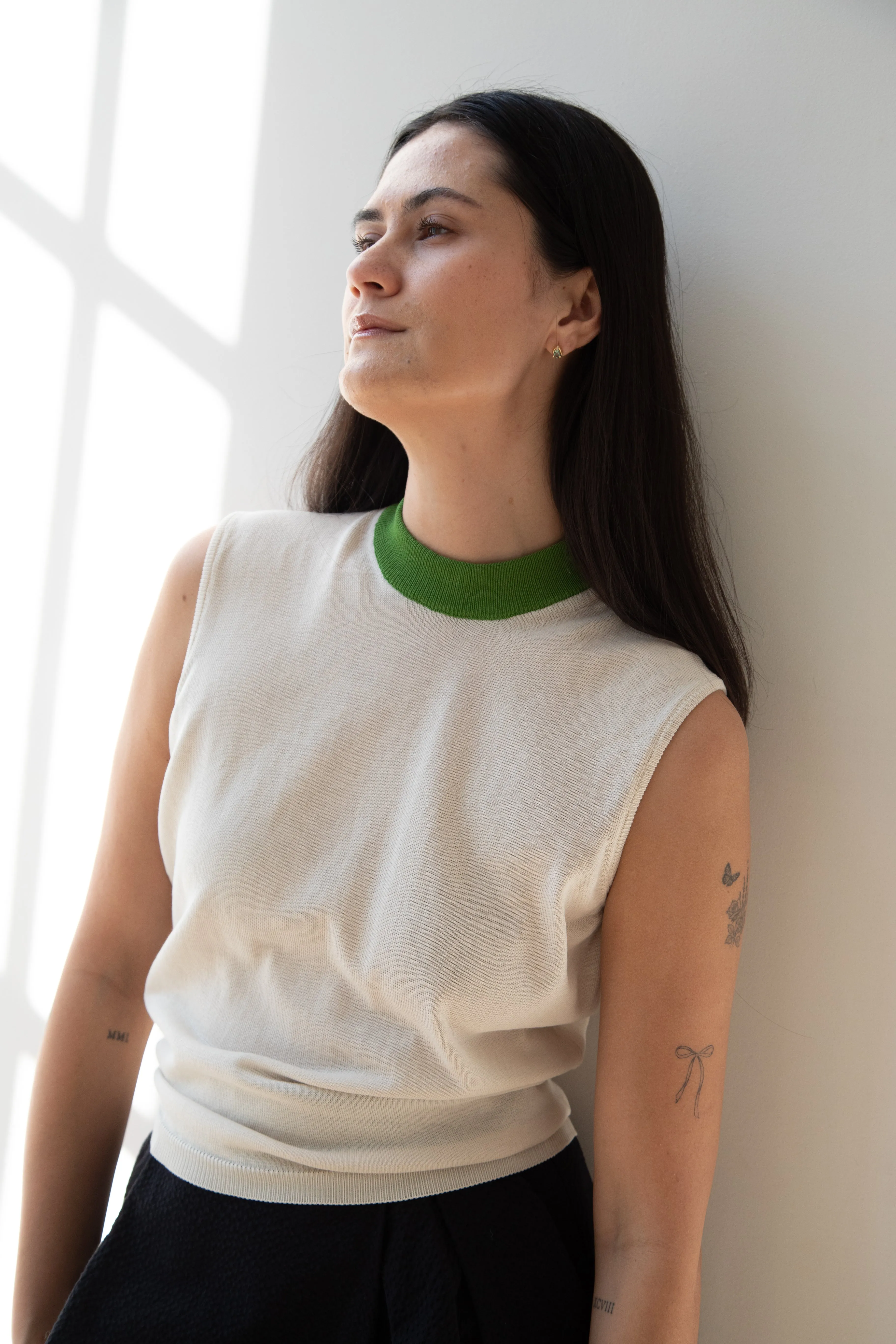 Sara Lanzi | Mock Neck Top in Cream & Green