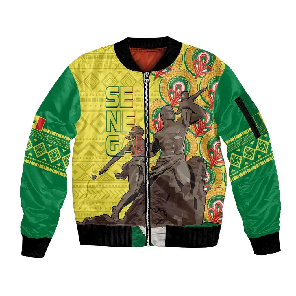 Senegal Monument de la Renaissance Sleeve Zip Bomber Jacket Africaine Ankara Pattern LT14