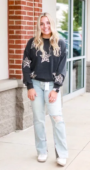 She's a Big Star Black Pullover with Leopard Stars