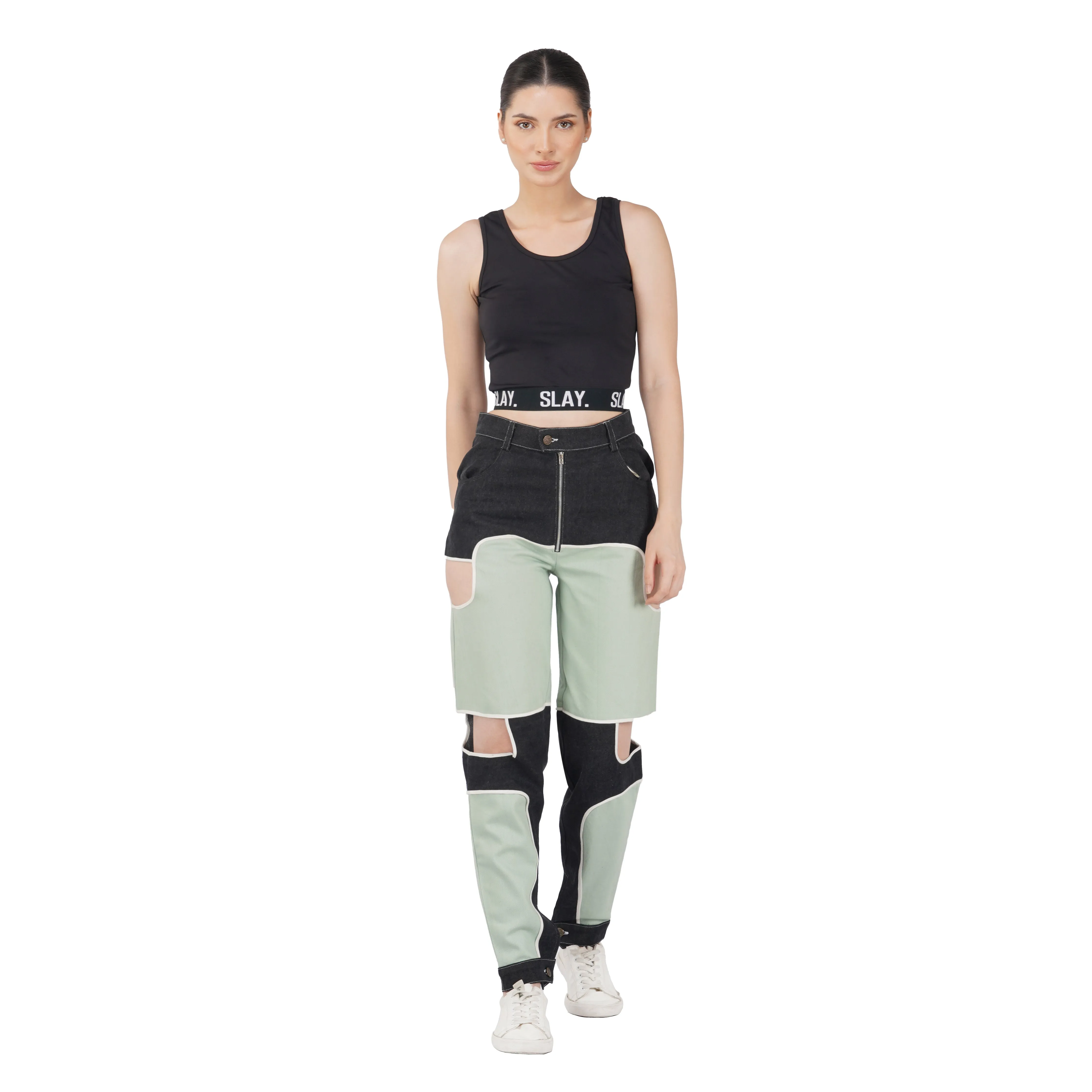 SLAY. Women's Bad Girl Teal & Black Colorblock Denim Jeans