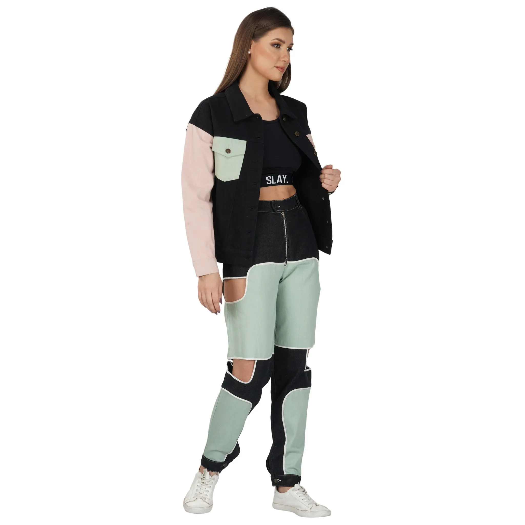 SLAY. Women's Bad Girl Teal & Black Colorblock Denim Jeans