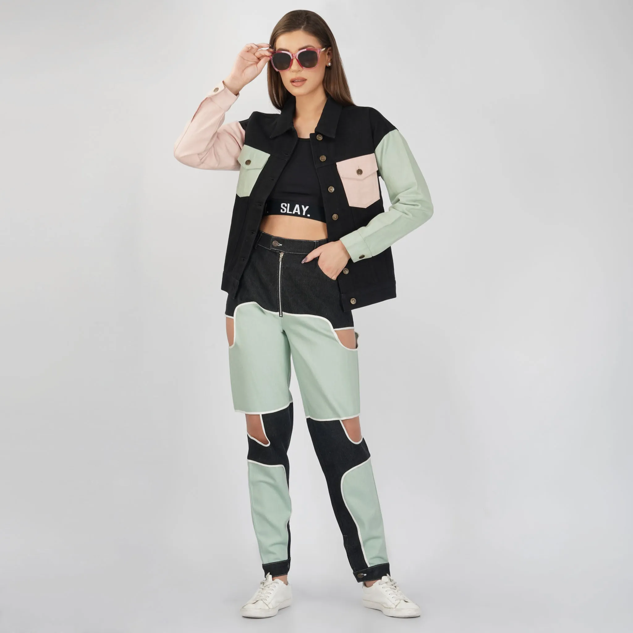 SLAY. Women's Bad Girl Teal & Black Colorblock Denim Jeans