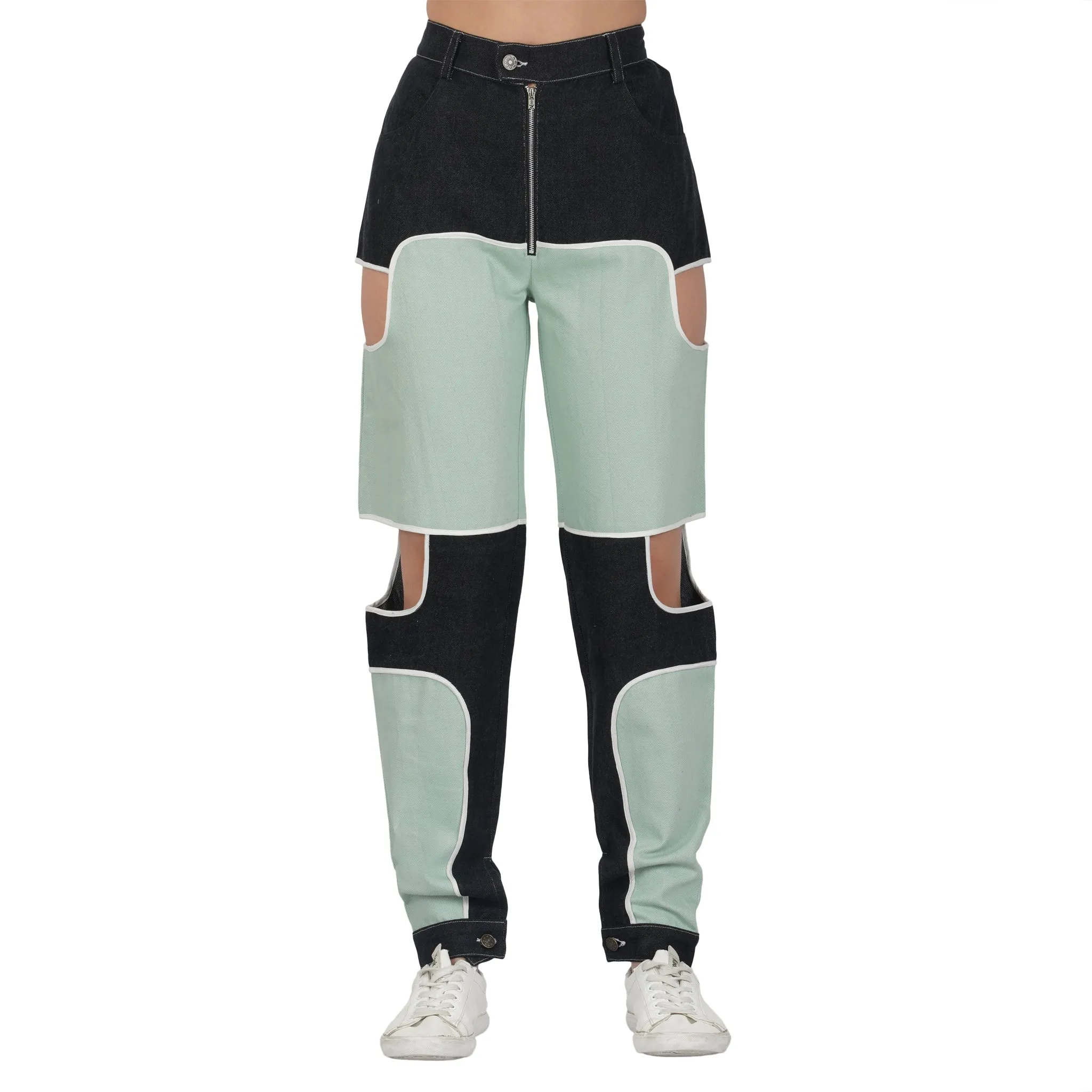 SLAY. Women's Bad Girl Teal & Black Colorblock Denim Jeans