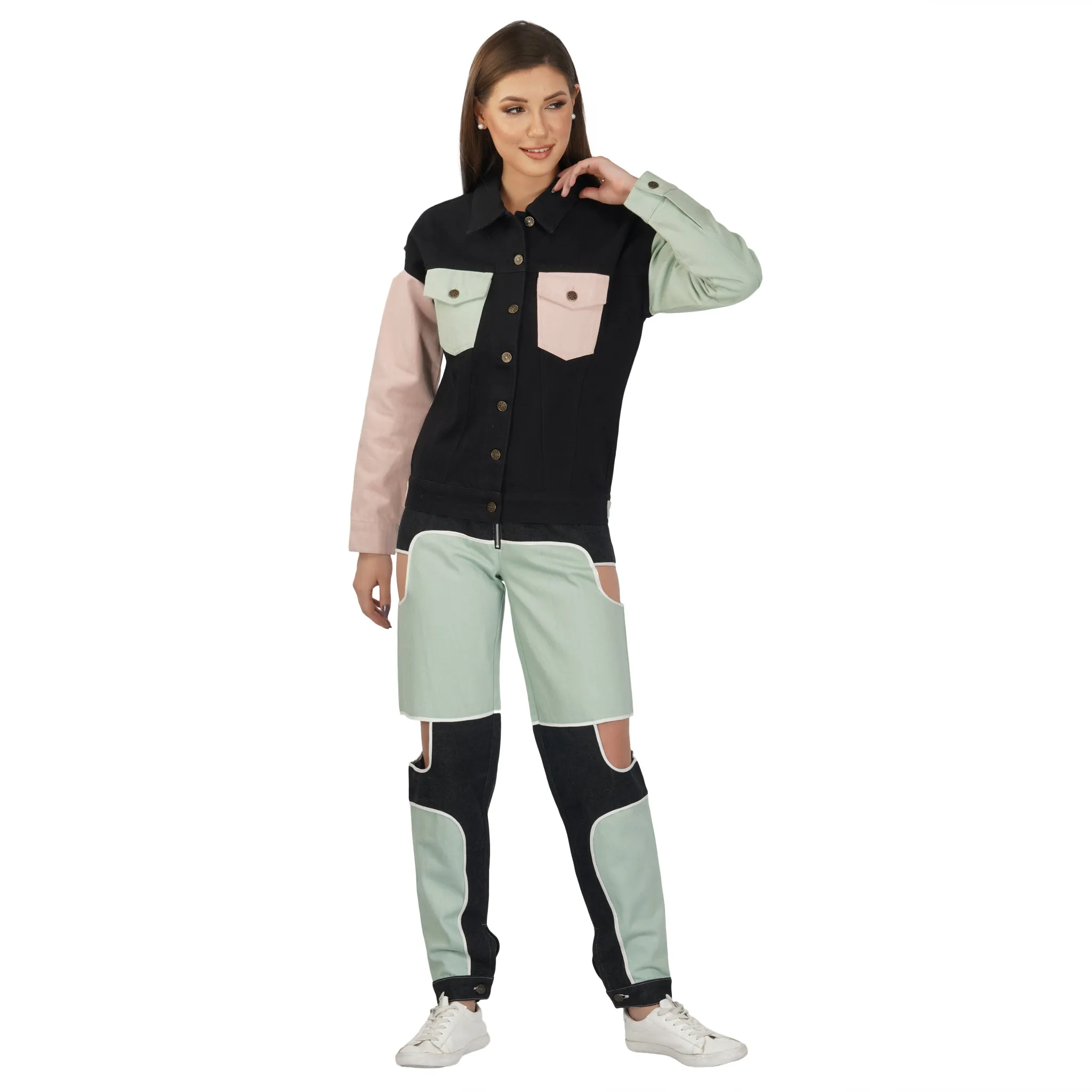 SLAY. Women's Bad Girl Teal & Black Colorblock Denim Jeans