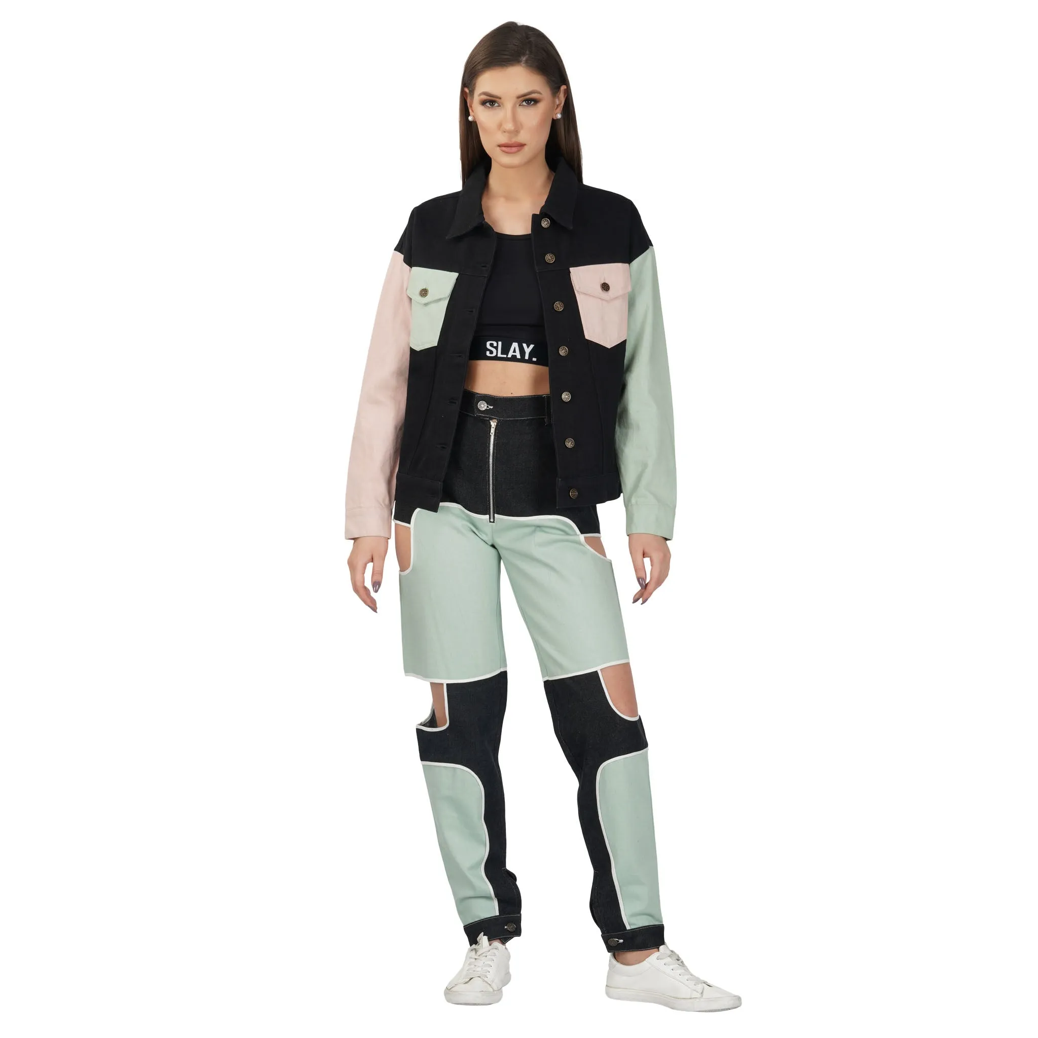 SLAY. Women's Bad Girl Teal & Black Colorblock Denim Jeans
