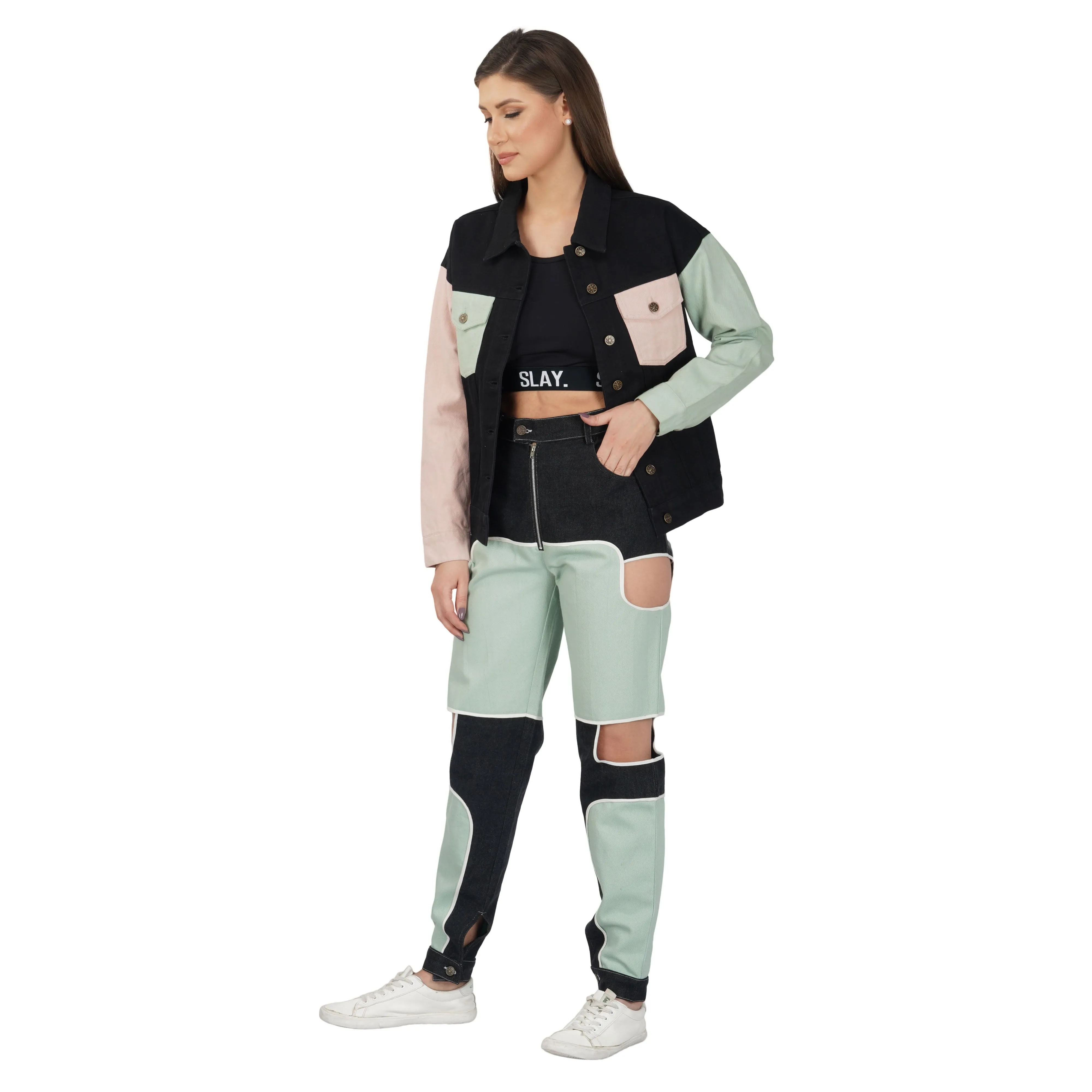 SLAY. Women's Bad Girl Teal & Black Colorblock Denim Jeans