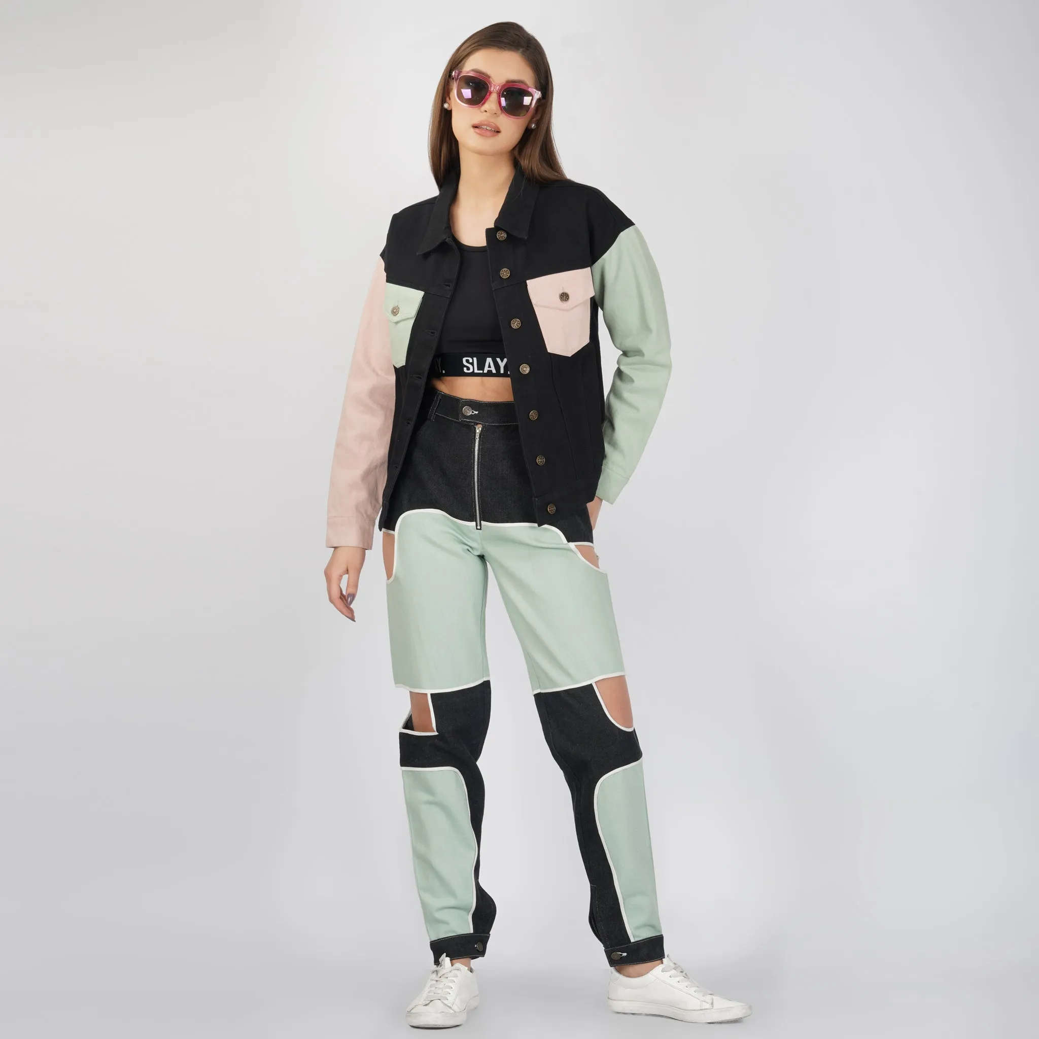 SLAY. Women's Bad Girl Teal & Black Colorblock Denim Jeans