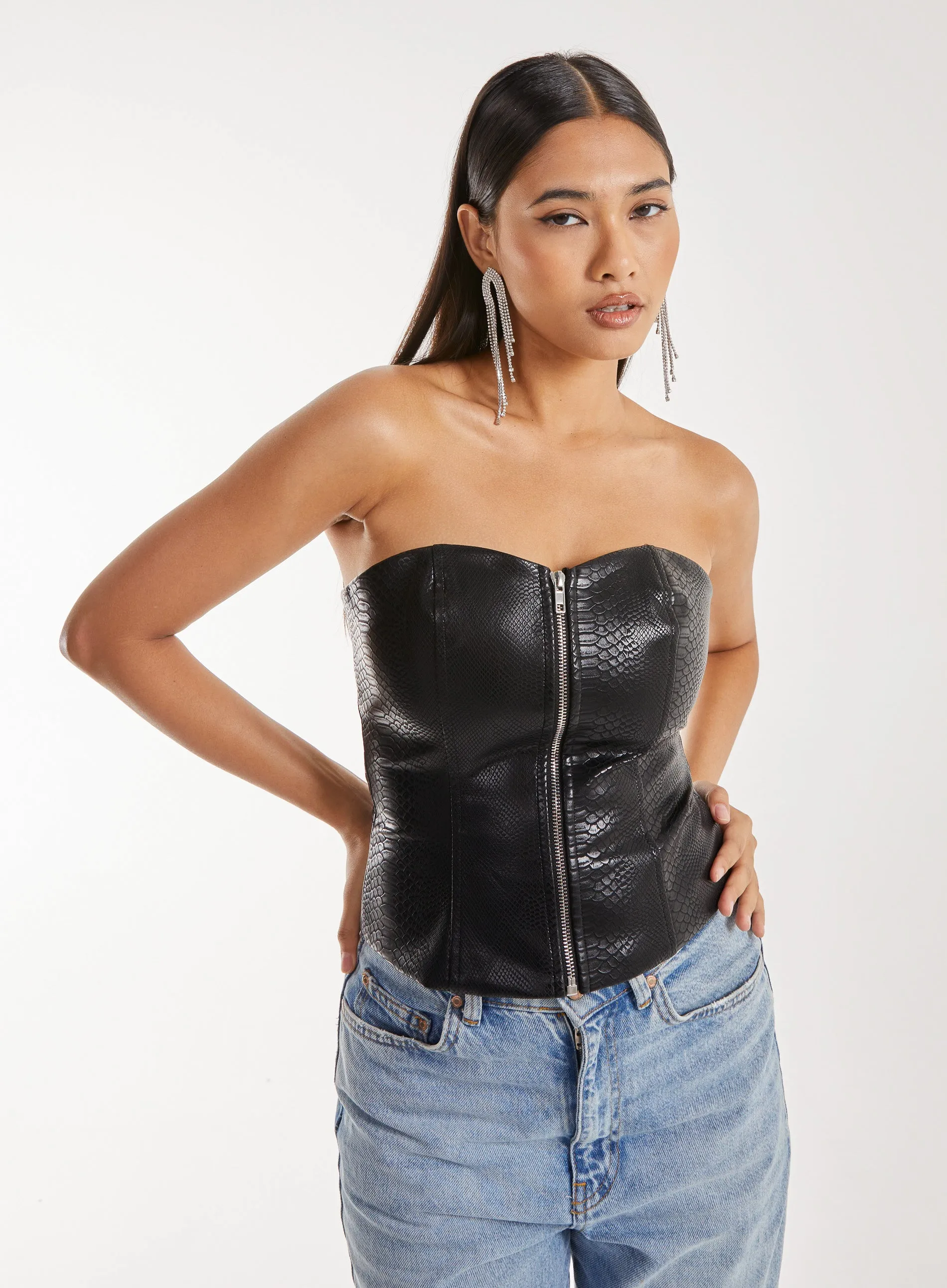 Snake PU Lace Up Corset Top