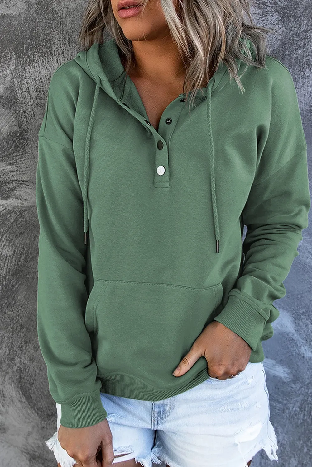 Snap Button Pullover Hoodie with Pocket