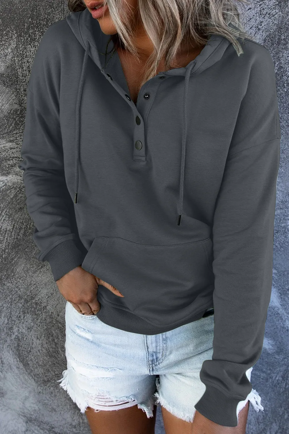 Snap Button Pullover Hoodie with Pocket