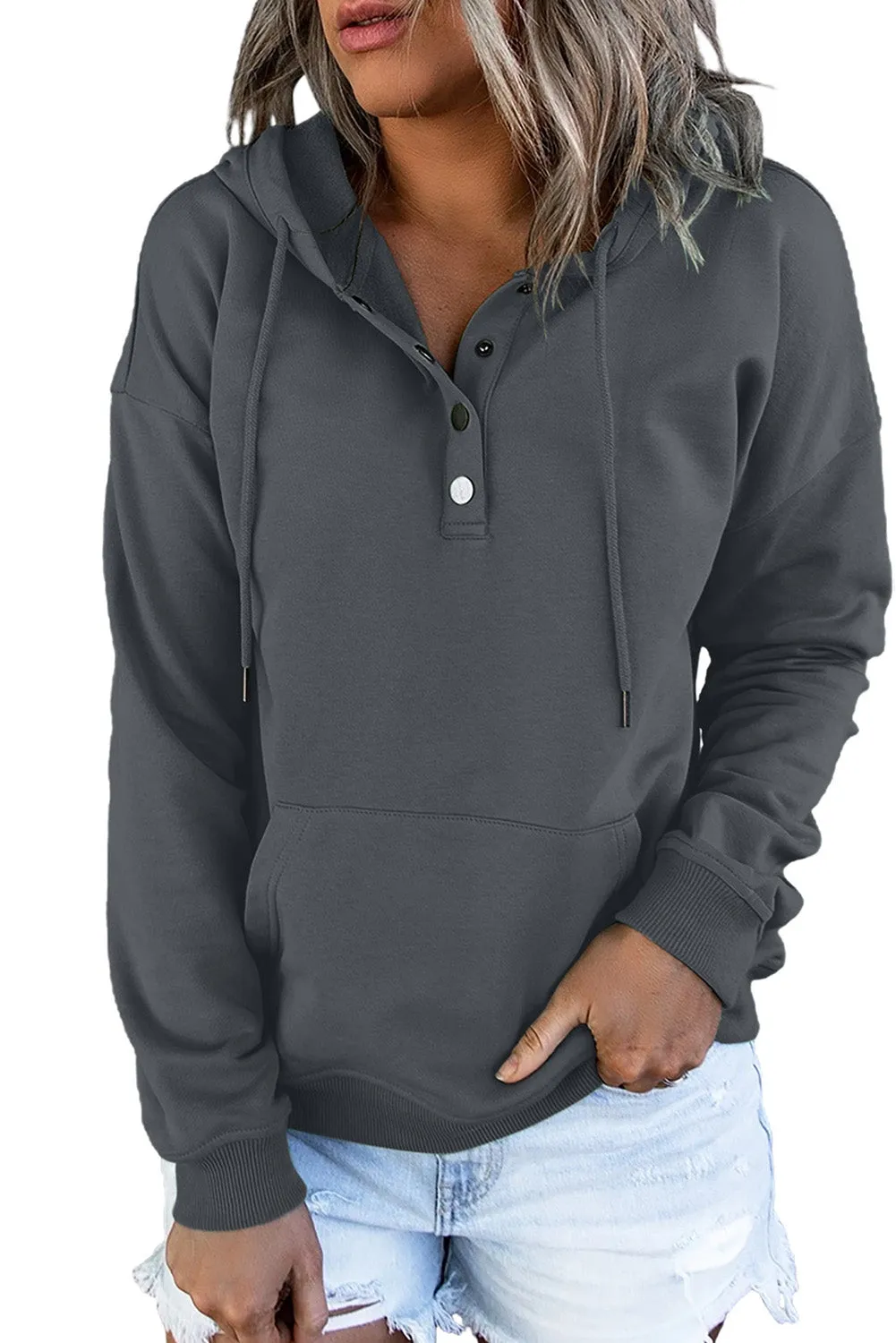 Snap Button Pullover Hoodie with Pocket