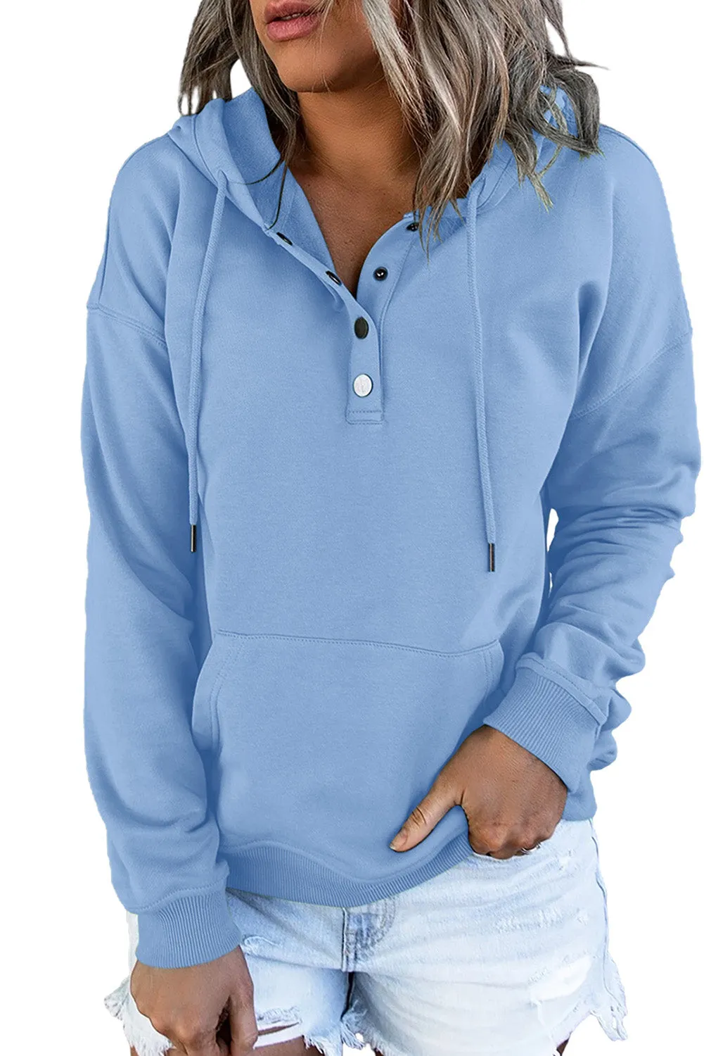 Snap Button Pullover Hoodie with Pocket