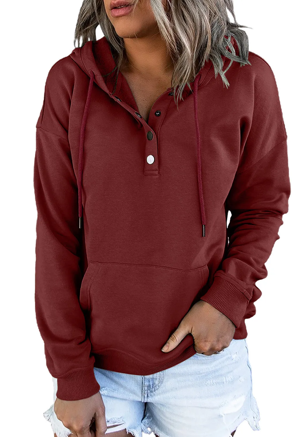Snap Button Pullover Hoodie with Pocket