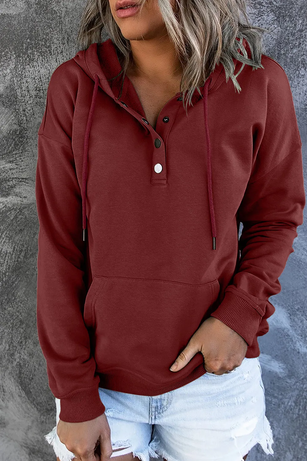 Snap Button Pullover Hoodie with Pocket
