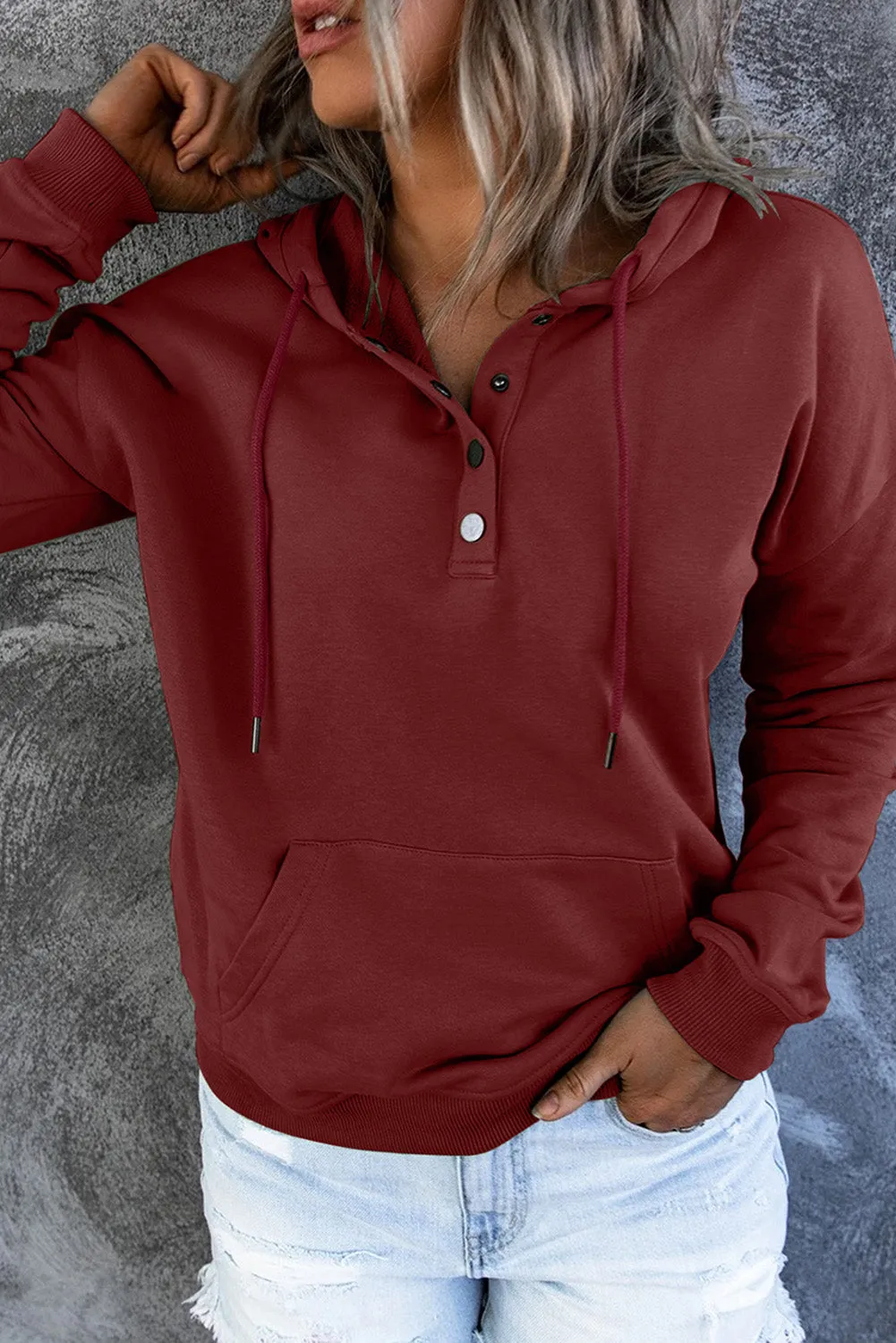 Snap Button Pullover Hoodie with Pocket