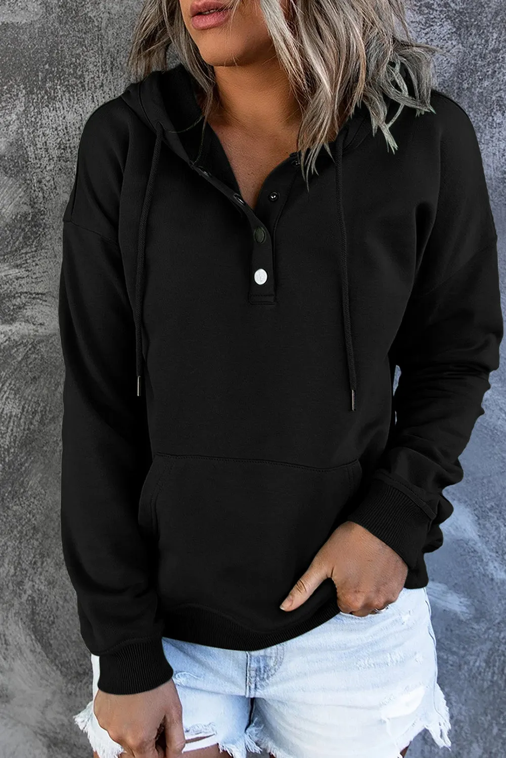 Snap Button Pullover Hoodie with Pocket
