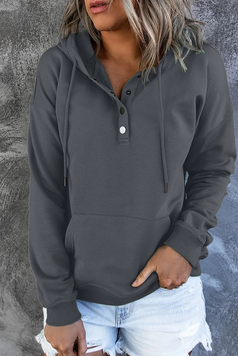 Snap Button Pullover Hoodie with Pocket