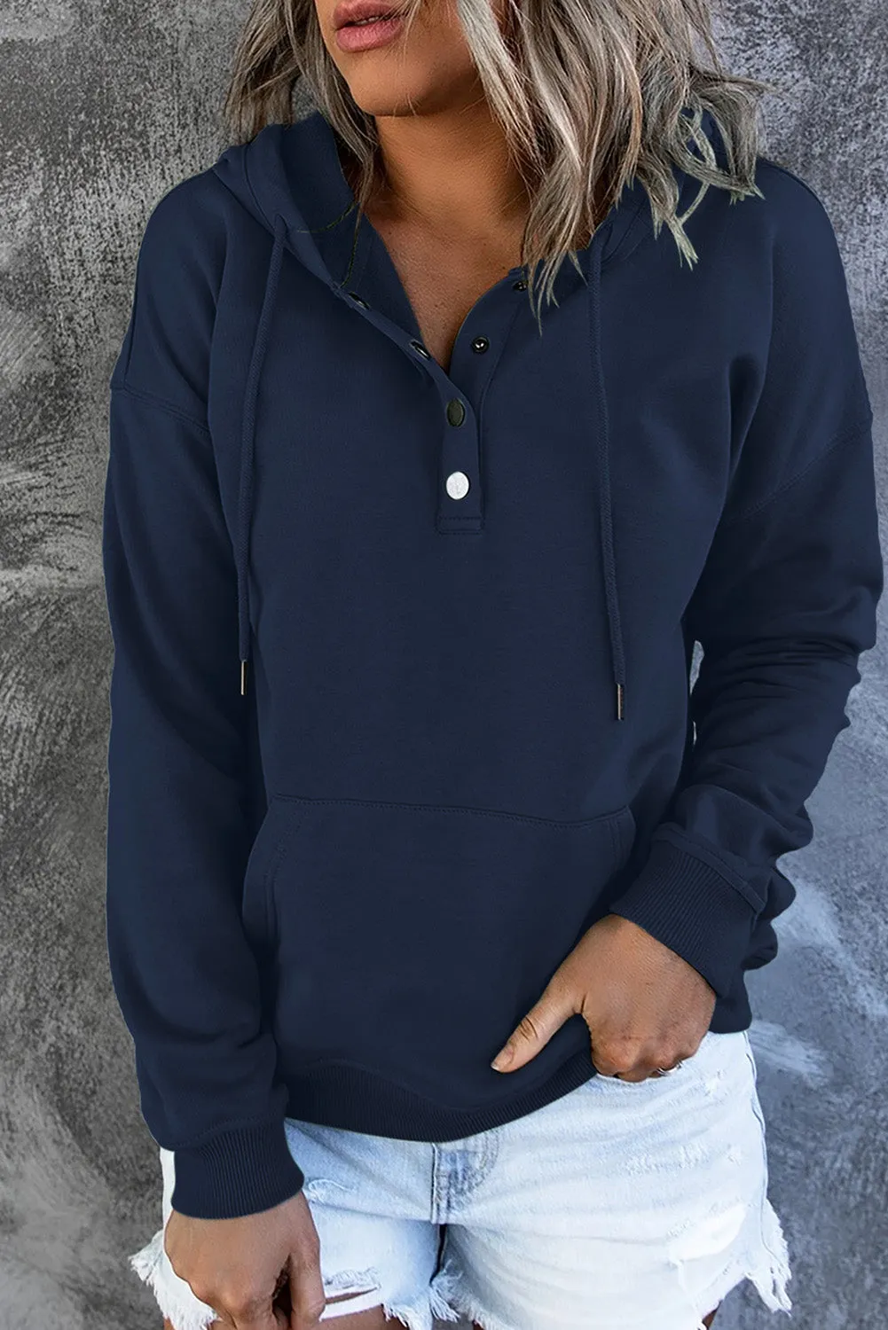 Snap Button Pullover Hoodie with Pocket