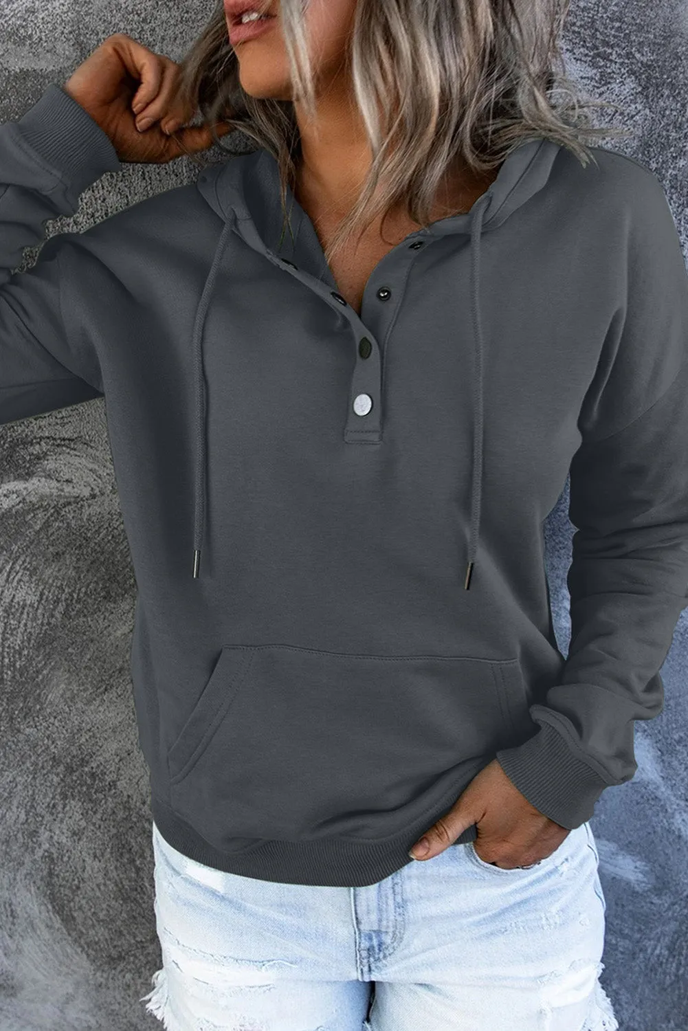 Snap Button Pullover Hoodie with Pocket