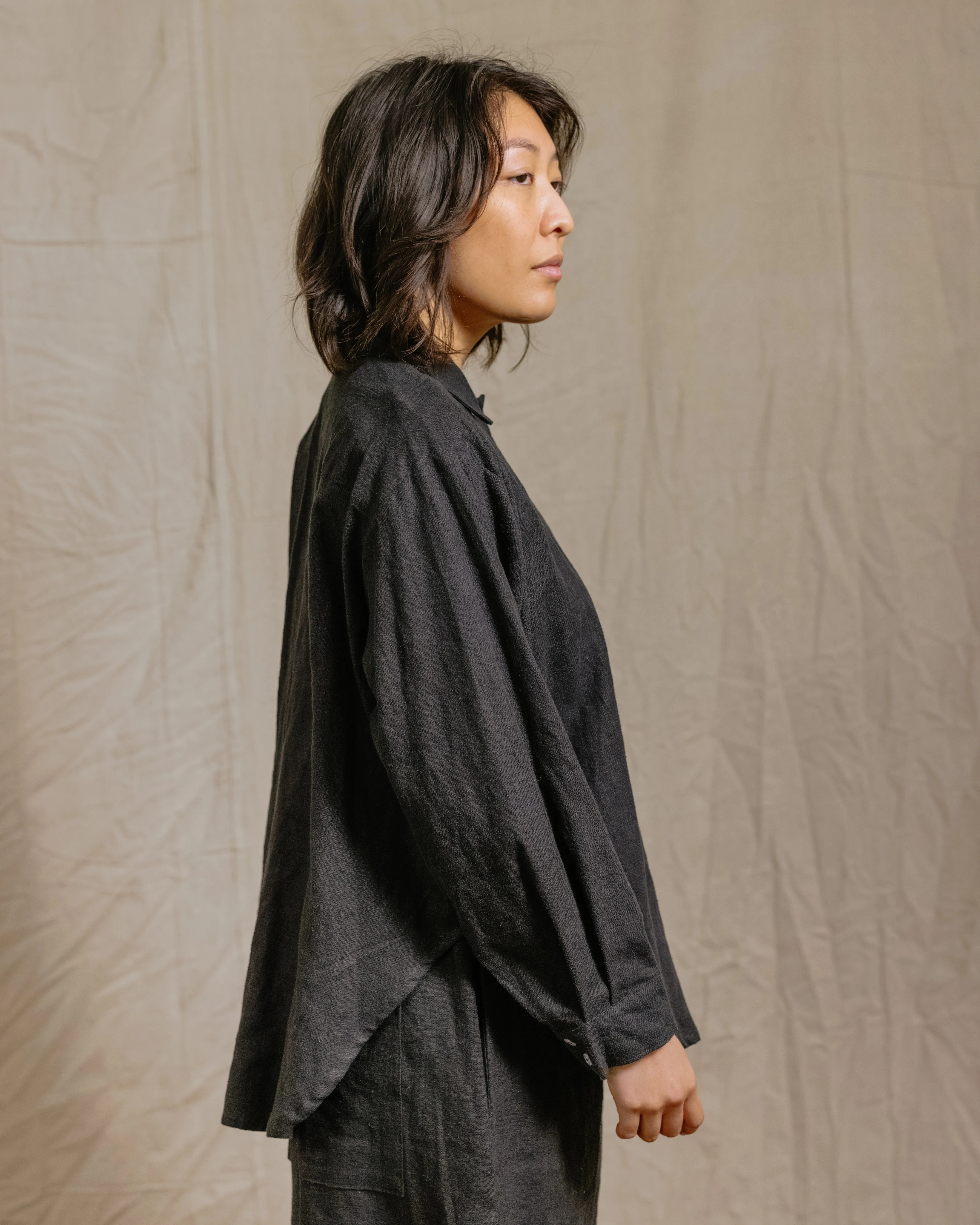 Soft Volume Long Sleeve Top in Black Linen (RTS)