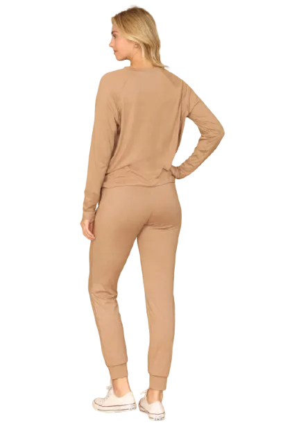 Solid Long Sleeve Top and Joggers Set with Self Tie Portabella - Pack of 6