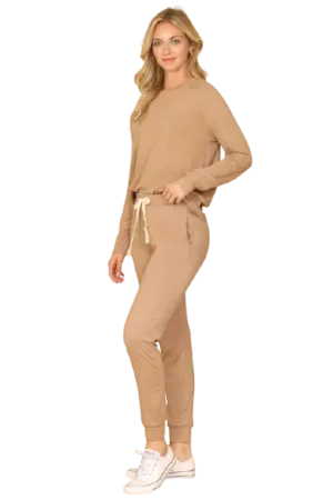 Solid Long Sleeve Top and Joggers Set with Self Tie Portabella - Pack of 6