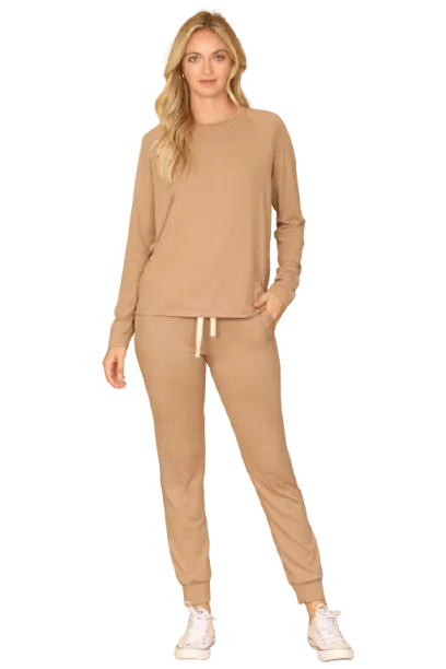 Solid Long Sleeve Top and Joggers Set with Self Tie Portabella - Pack of 6