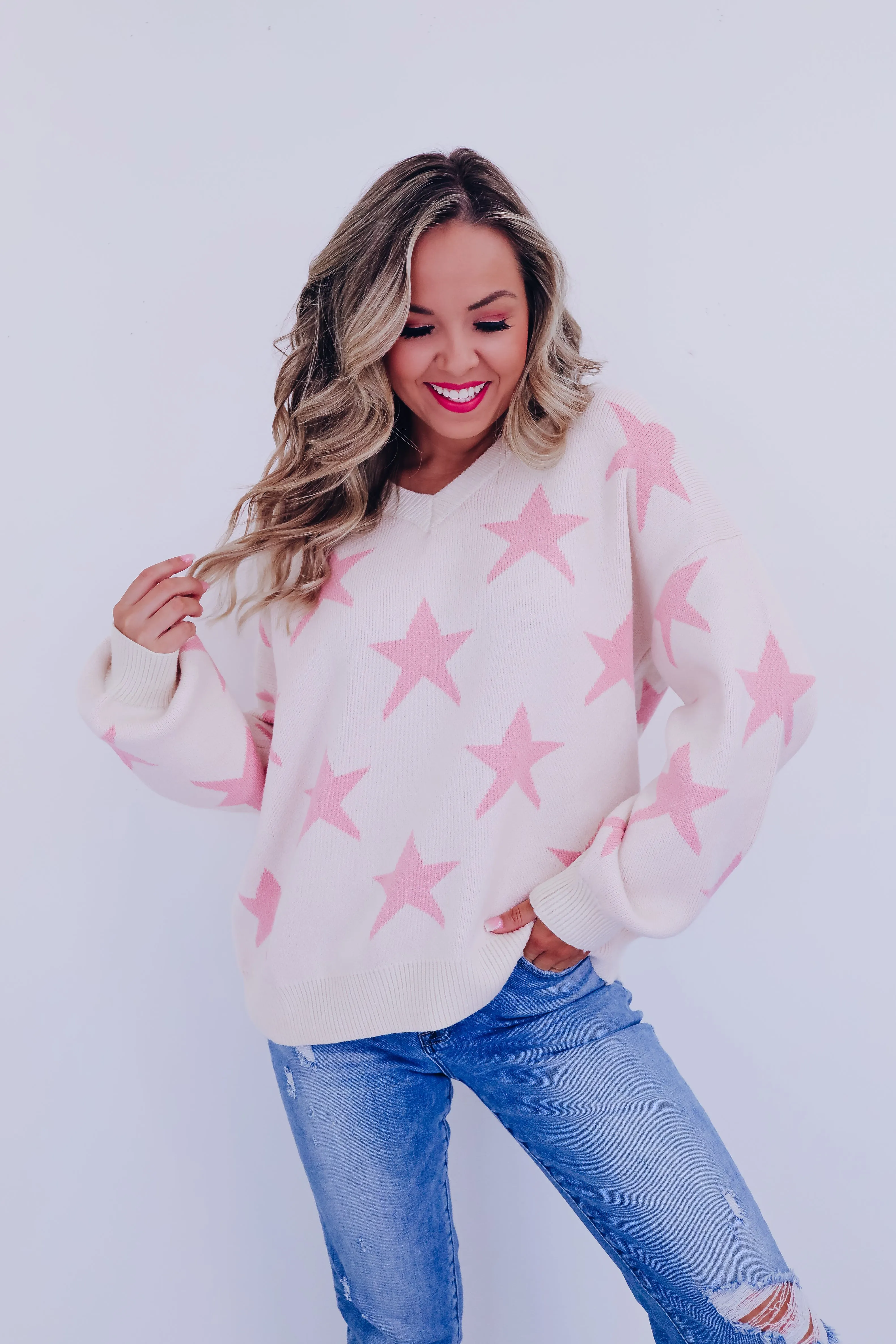 Starry V-Neck Knit Sweater - Ivory/Mauve