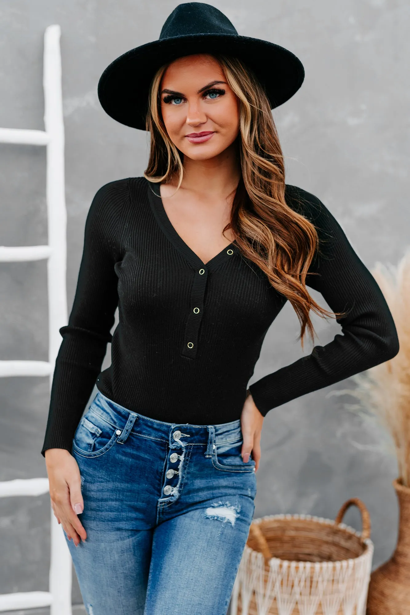 Stay Or Leave Ribbed Button-Down Bodysuit (Black)