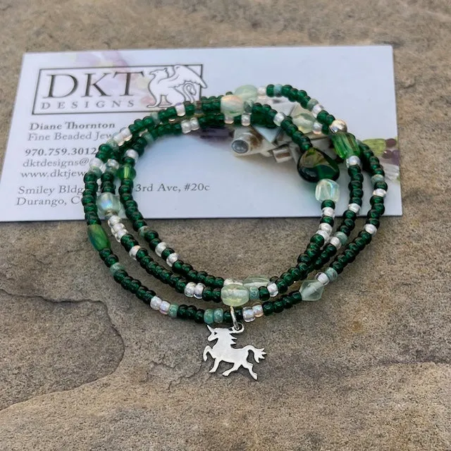 Stretch necklace or triple wrap bracelet with sterling silver unicorn charm