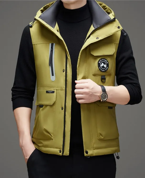 Stylish Hooded Men’s Puffer Vest with Stand-Up Collar
