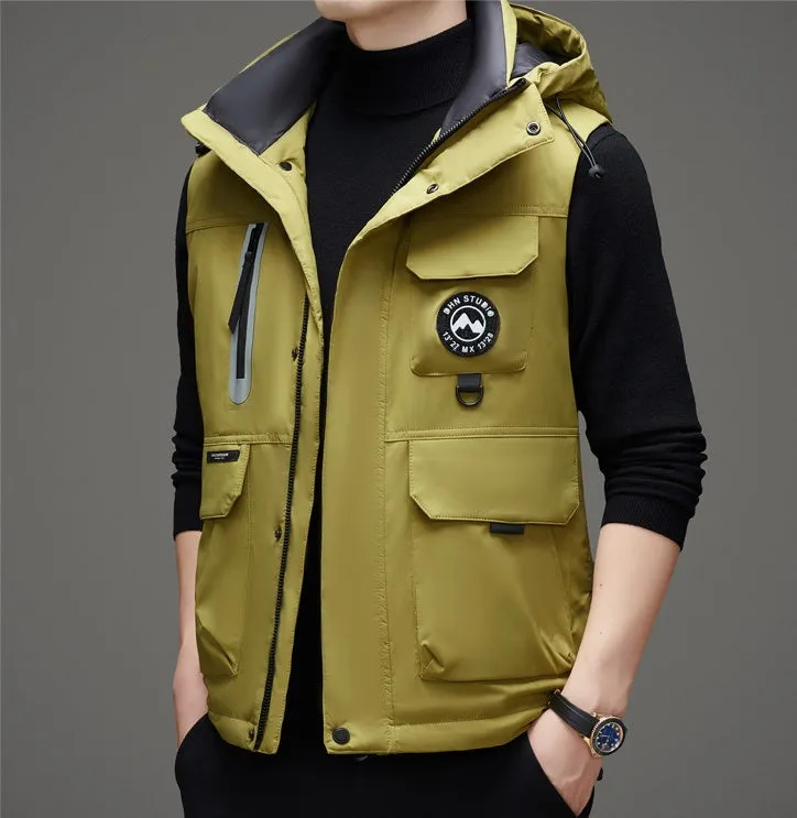 Stylish Hooded Men’s Puffer Vest with Stand-Up Collar