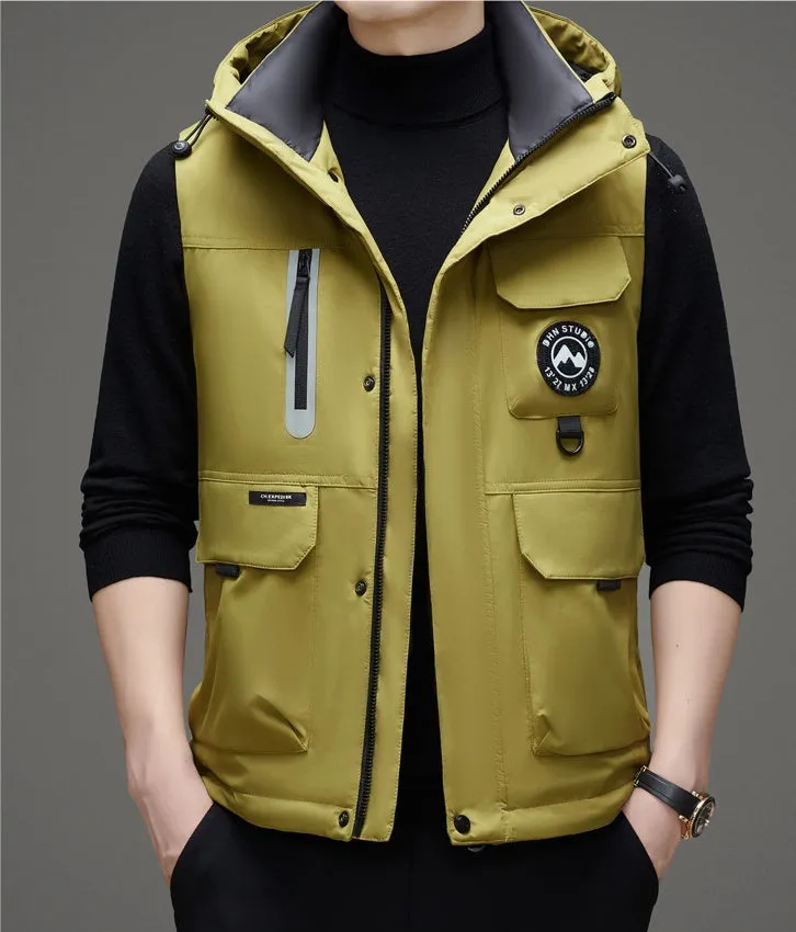 Stylish Hooded Men’s Puffer Vest with Stand-Up Collar