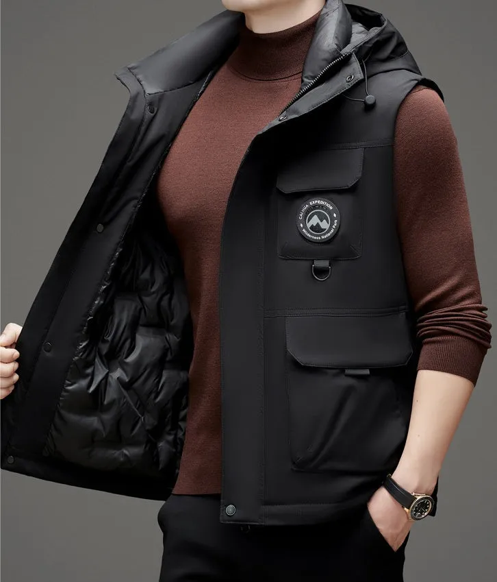 Stylish Hooded Men’s Puffer Vest with Stand-Up Collar