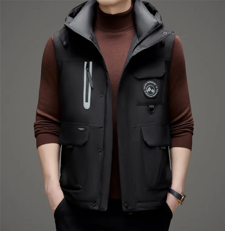 Stylish Hooded Men’s Puffer Vest with Stand-Up Collar
