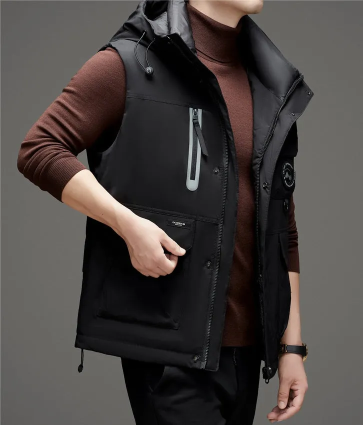Stylish Hooded Men’s Puffer Vest with Stand-Up Collar