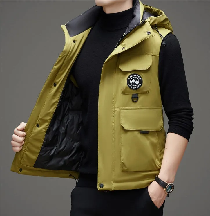Stylish Hooded Men’s Puffer Vest with Stand-Up Collar