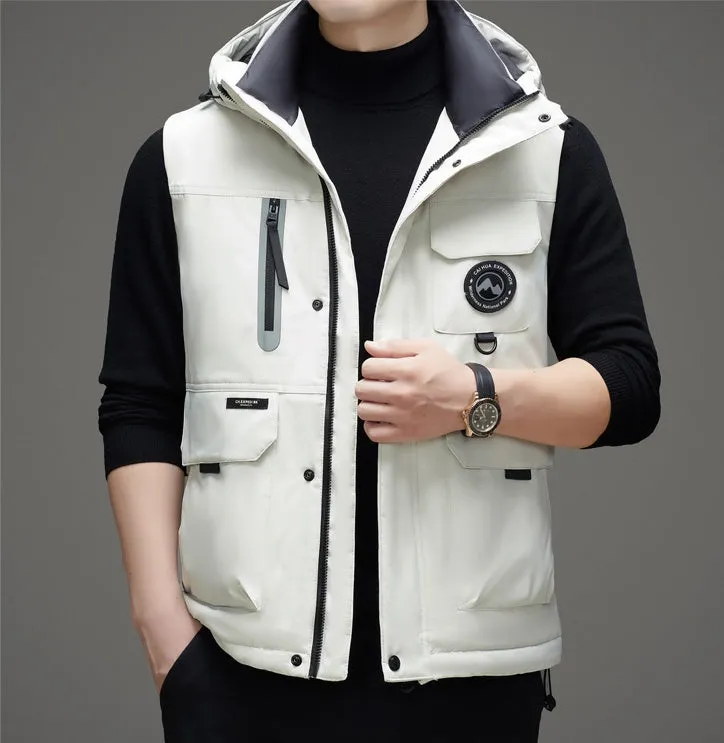 Stylish Hooded Men’s Puffer Vest with Stand-Up Collar