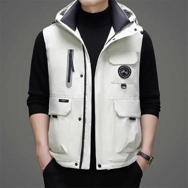 Stylish Hooded Men’s Puffer Vest with Stand-Up Collar