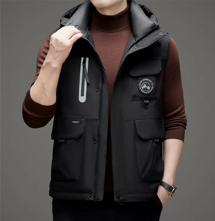 Stylish Hooded Men’s Puffer Vest with Stand-Up Collar