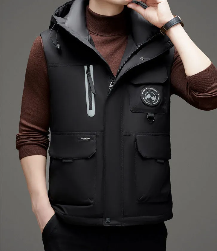 Stylish Hooded Men’s Puffer Vest with Stand-Up Collar