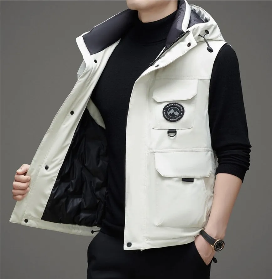 Stylish Hooded Men’s Puffer Vest with Stand-Up Collar