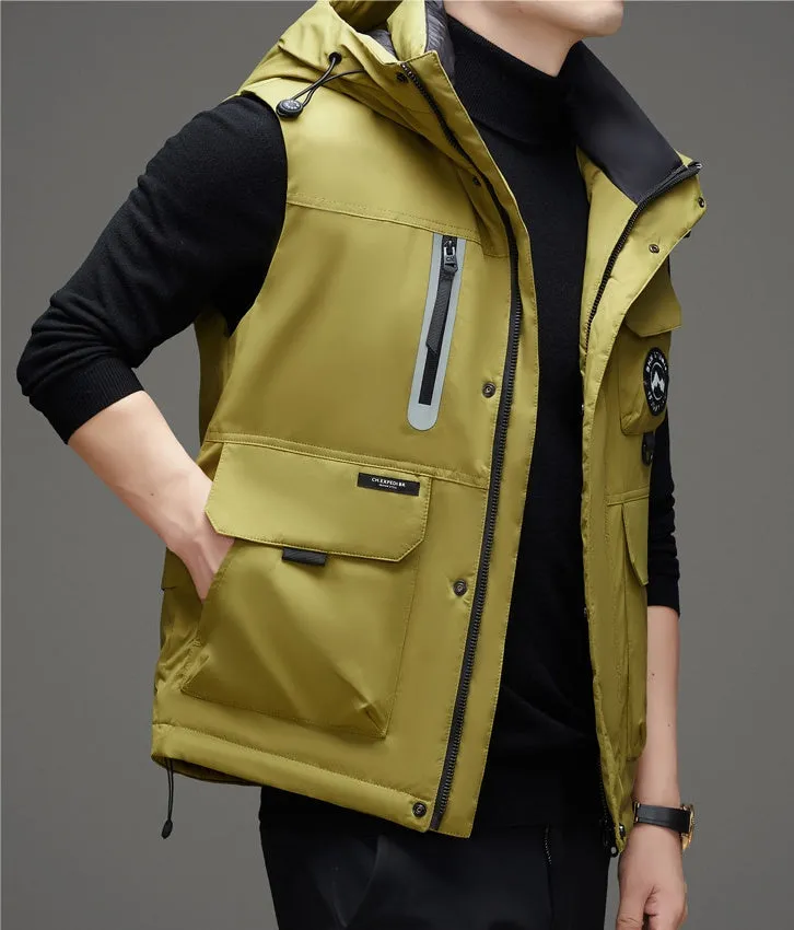 Stylish Hooded Men’s Puffer Vest with Stand-Up Collar