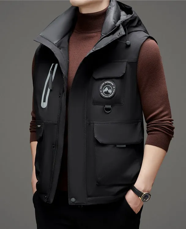 Stylish Hooded Men’s Puffer Vest with Stand-Up Collar