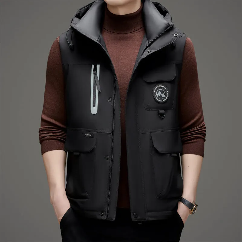 Stylish Hooded Men’s Puffer Vest with Stand-Up Collar