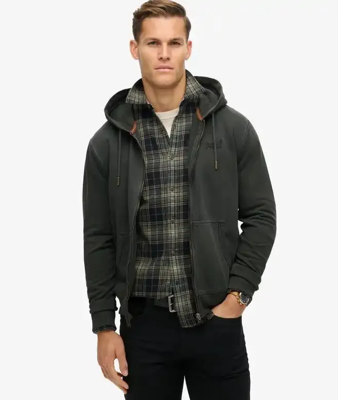 Superdry Mens Essential Logo Washed Zip Hoodie Washed Black