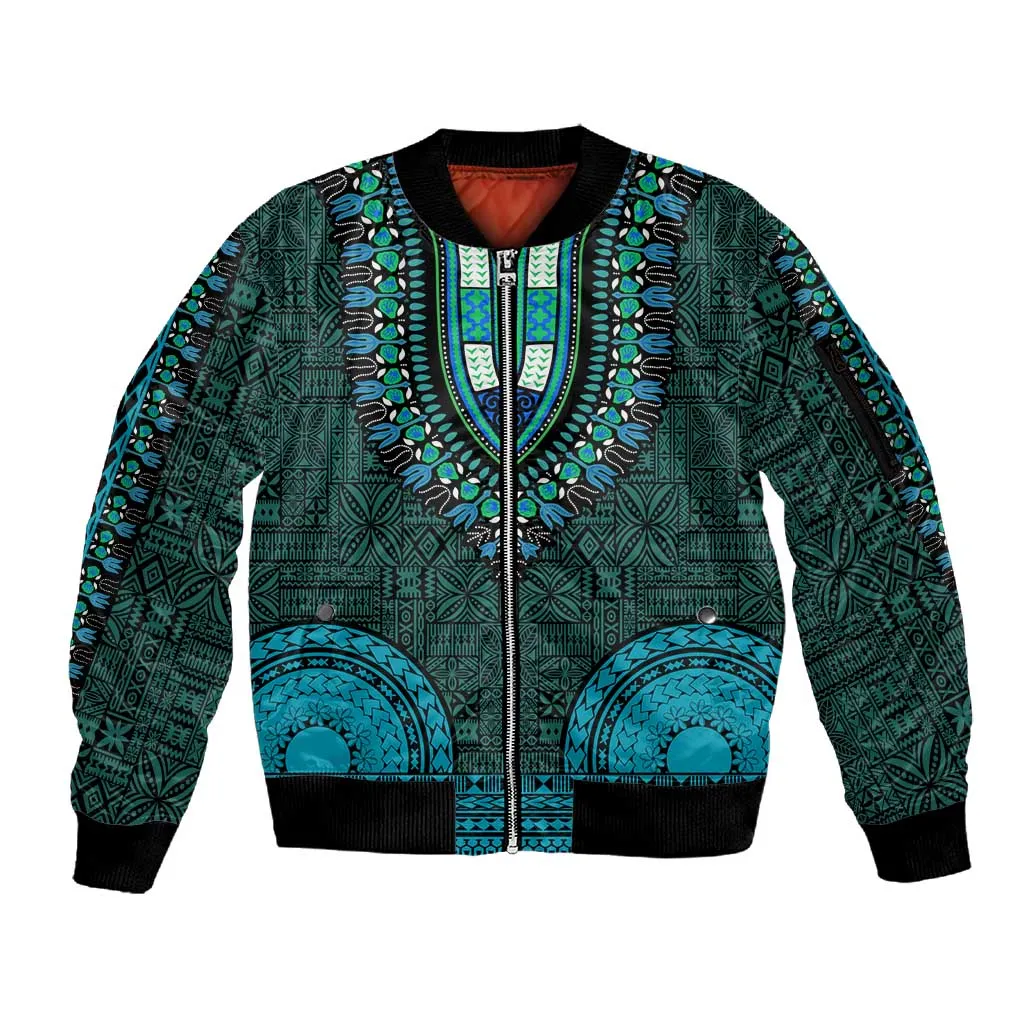 Teal Dashiki and Tapa Pattern Sleeve Zip Bomber Jacket Africa-Polynesia Together Culture LT9