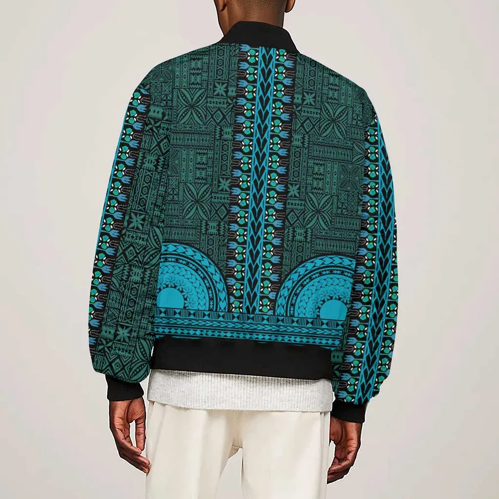 Teal Dashiki and Tapa Pattern Sleeve Zip Bomber Jacket Africa-Polynesia Together Culture LT9