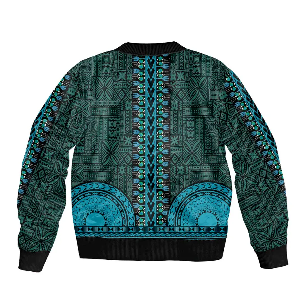 Teal Dashiki and Tapa Pattern Sleeve Zip Bomber Jacket Africa-Polynesia Together Culture LT9